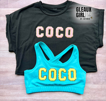 Custom MINI NAME Chenille Patch Sports Bra/Cropped Top