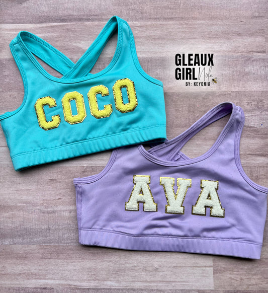 Custom MINI NAME Chenille Patch Sports Bra/Cropped Top